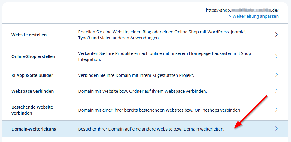 Domain-Weiterleitung auswählen