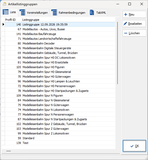 Maske Listinggruppen mit den Voreinstellungen einer Gruppe