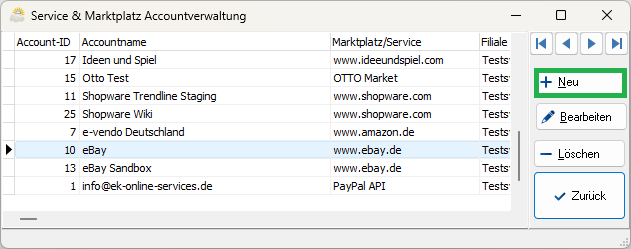 Maske Accountverwaltung mit der Liste der angelegten Marktplatz-Zugänge