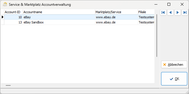 Auswahldialog beim Start des ebay-Moduls mit den vorhandenen Marktplatz-Accounts