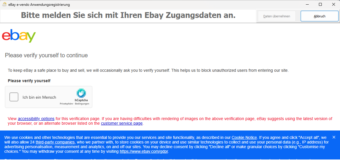 Anmeldeseite von ebay im Autorisierungsfenster