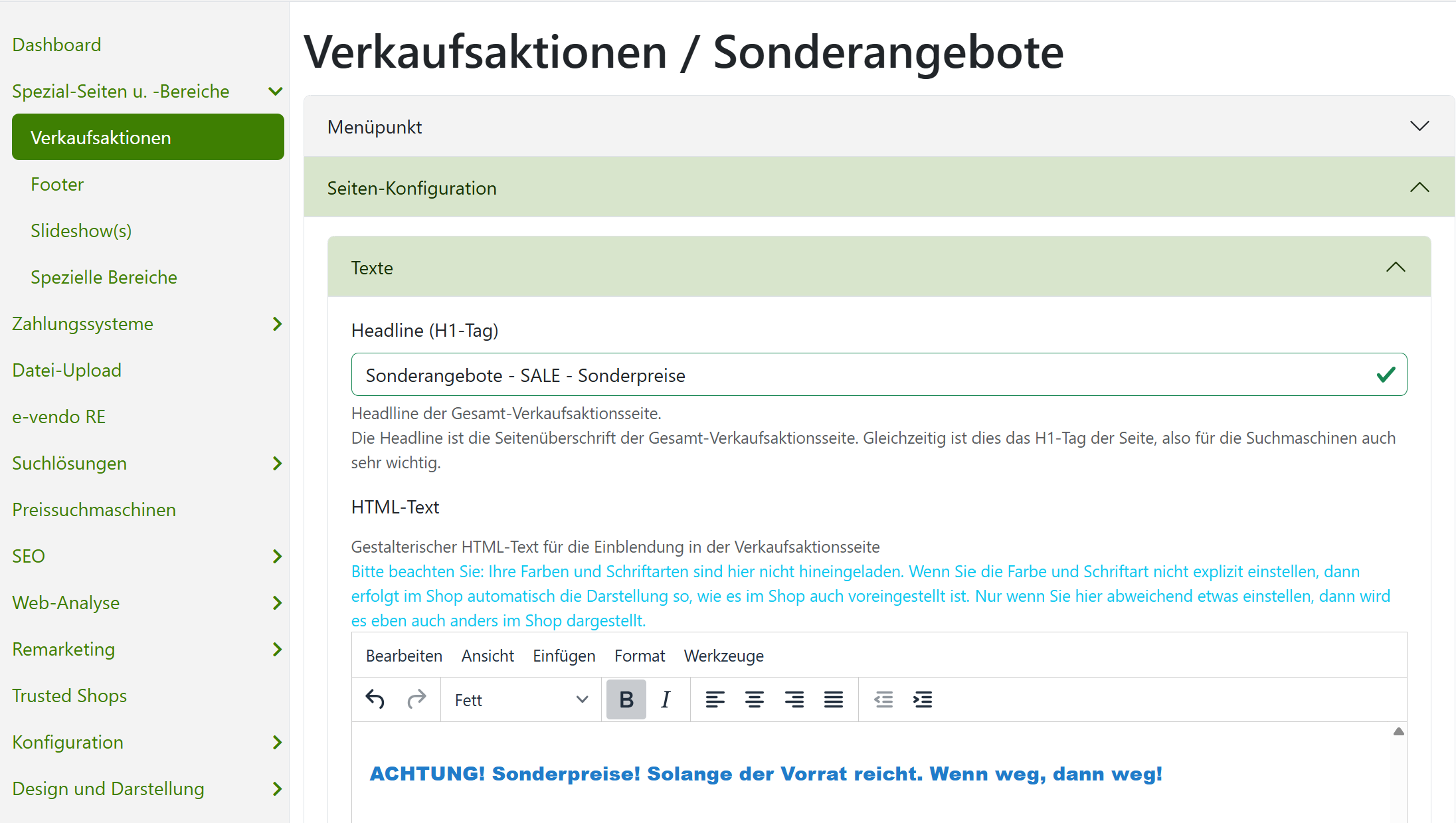 Verkaufsaktionen Texte